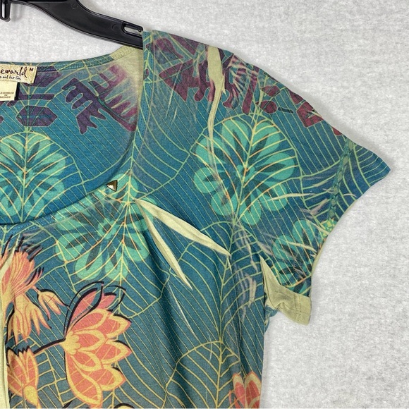 One World Floral Tunic Boho Blouse Women's M Multicolor Studded Neck Casual Top - Picture 7 of 13